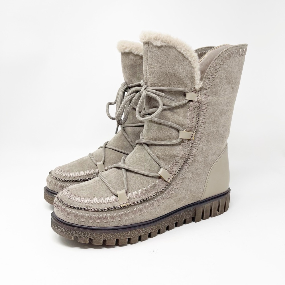 New Azura Stich Mid-Calf Boot Taupe Lace-Up Faux Fur Lining Women’s Size 9